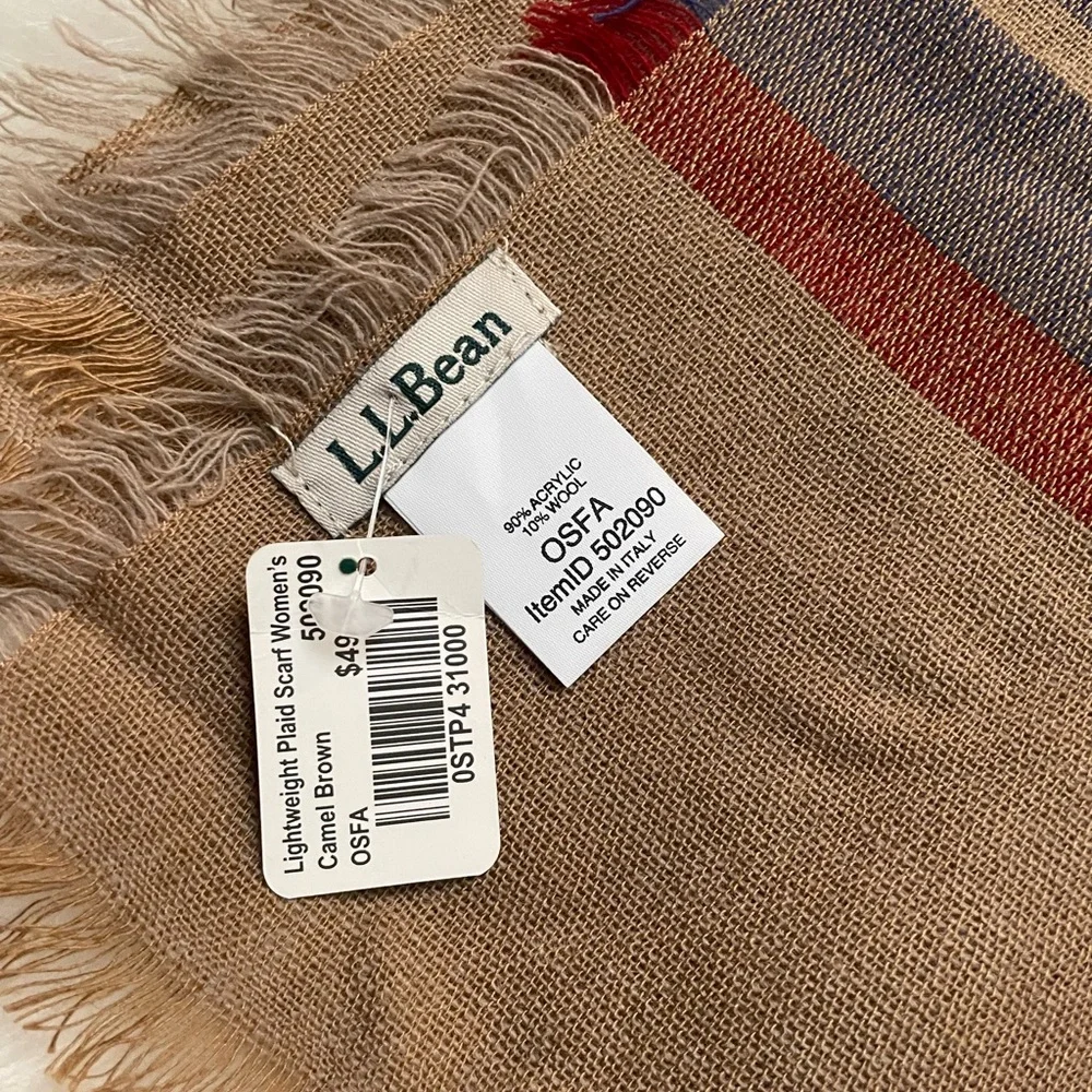 L.L. Bean Camel Brown Plaid Scarf - Picture 3 of 5